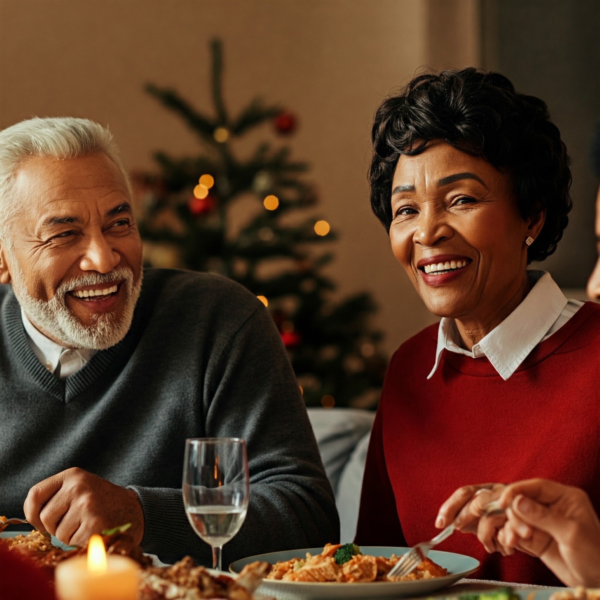 smiling seniors enjoying a holiday dinner reflecting the importance of senior holiday dental care