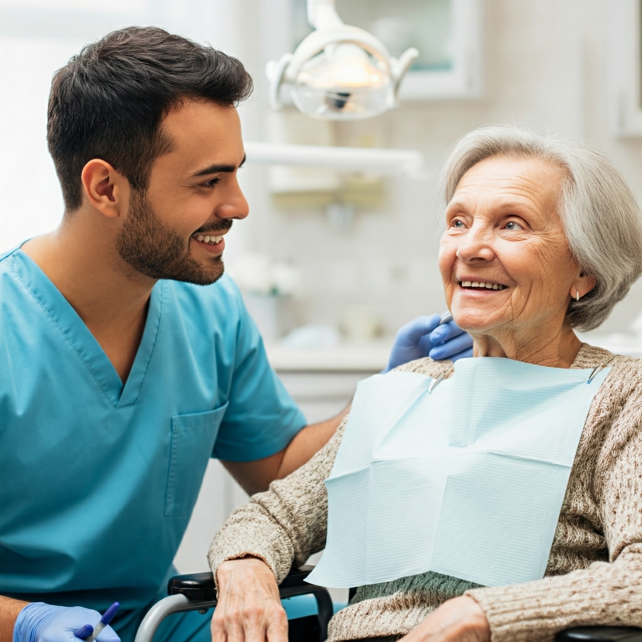 A dentist treats a smiling senior as he delivers in-home dental services to the senior living community,