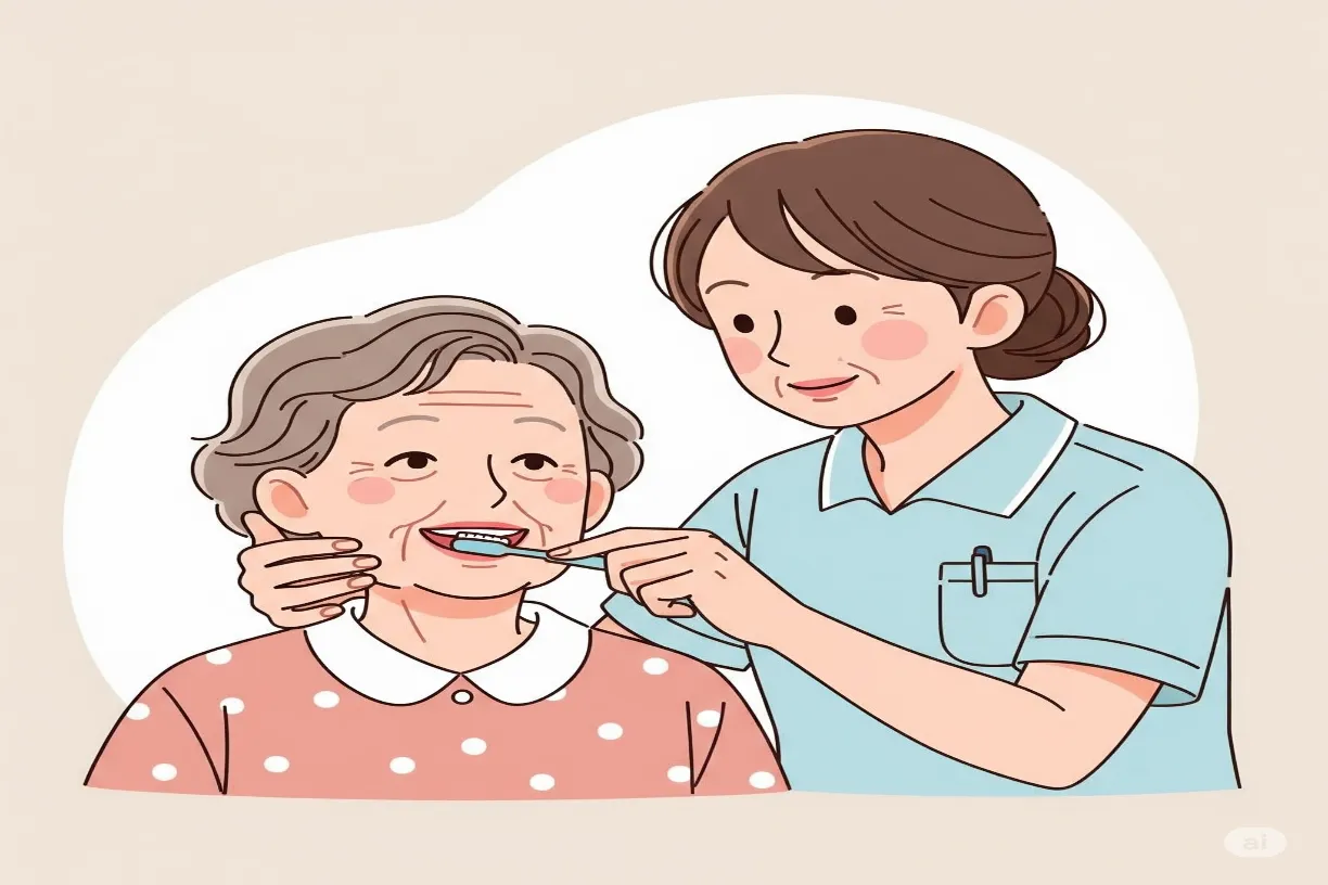 A caregiver gently assisting an elderly individual (implied to have Alzheimer's – perhaps a slightly unfocused gaze or gentle hand-holding) with brushing their teeth.
