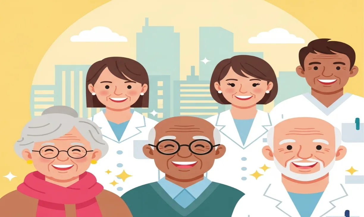 A celebration of Oral Health Month featuring vibrant illustration of smiling seniors alongside dentists, depicting the importance of oral health in older adults.