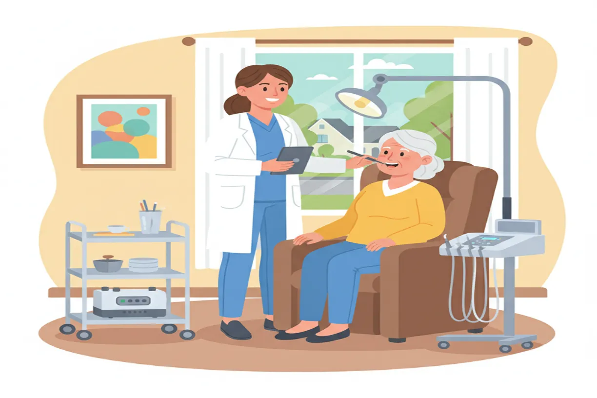 A n RDHAP administers expert senior dental care to a woman in the comfort of her own home.